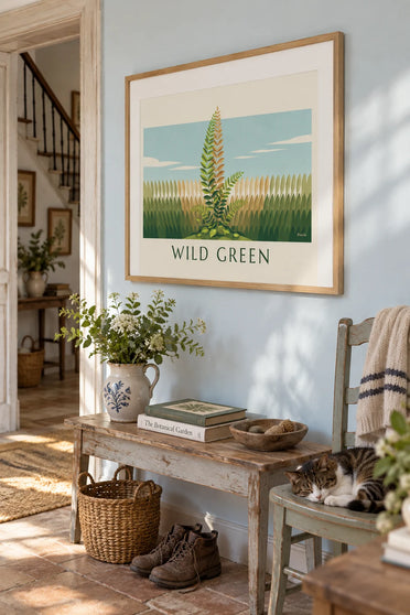 Green fern botanical poster, naturalist study plate: framed on the wall