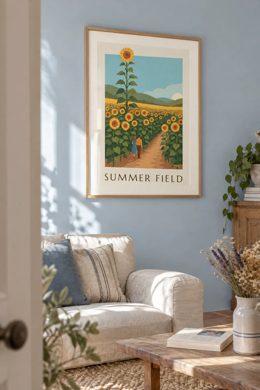 Poster of a sunflower field under the summer sun: framed on the wall