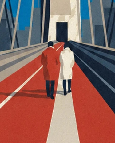 The two walkers in red and white coats on the red walkway of pont de Brooklyn