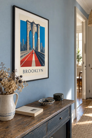 Poster ponte di Brooklyn in prospettiva dalla passerella: incorniciato alla parete