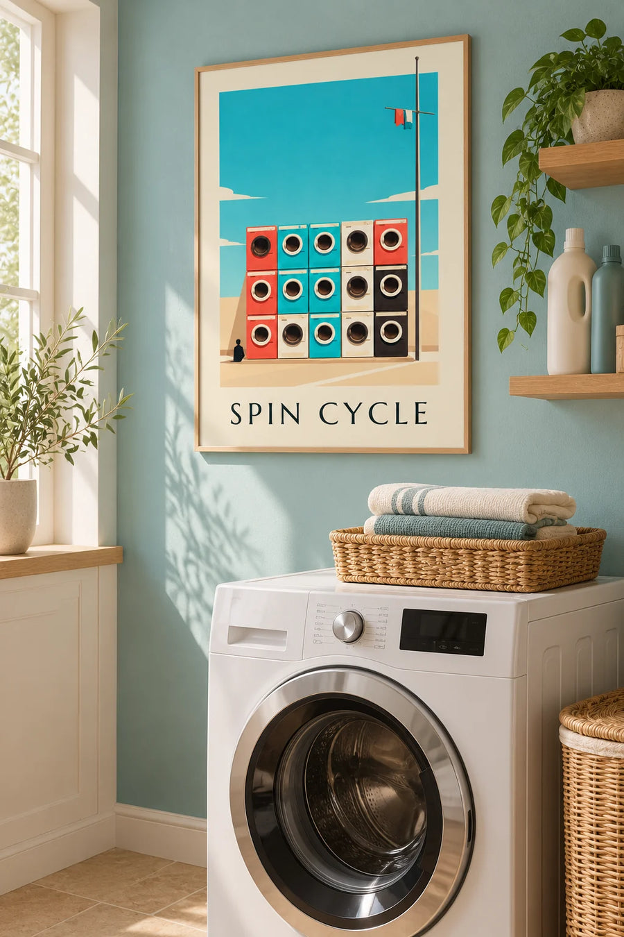 Poster griglia di 9 lavatrici colorate: con cornice appeso al muro