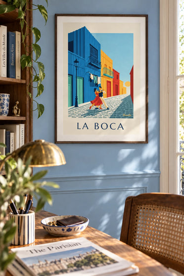 Poster coppia di tango davanti alle case colorate de La Boca: incorniciato alla parete