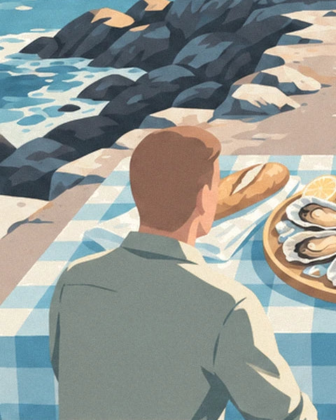 Un homme en chemise verte, de dos, devant une nappe à carreaux bleus, une baguette et des huîtres au citron
