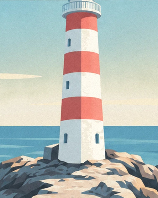 Le phare à bandes rouges et blanches, perché sur ses rochers face à la mer