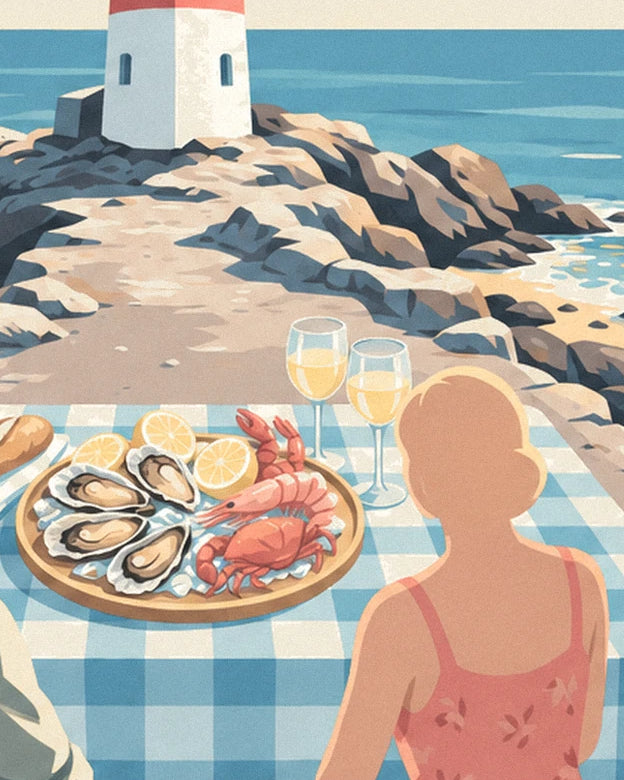 Plateau de 4 huîtres, crevettes et crabe, avec 2 verres de vin blanc et une femme de dos