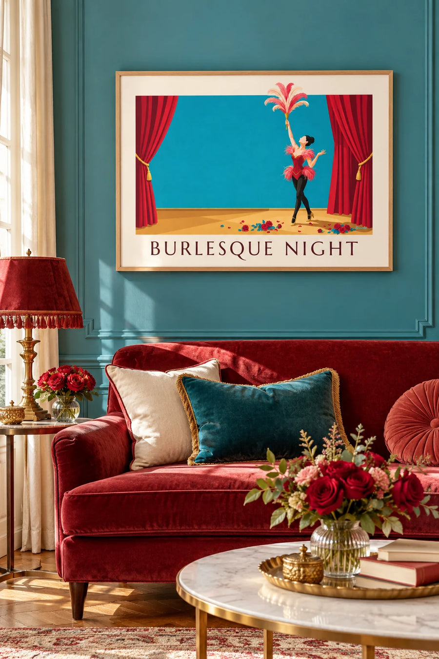 Poster ballerina di cabaret burlesque in corsetto e piume: incorniciato alla parete