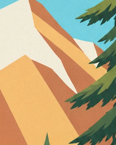 I pendii di montagna ocra e crema incorniciati da rami di pino verde scuro