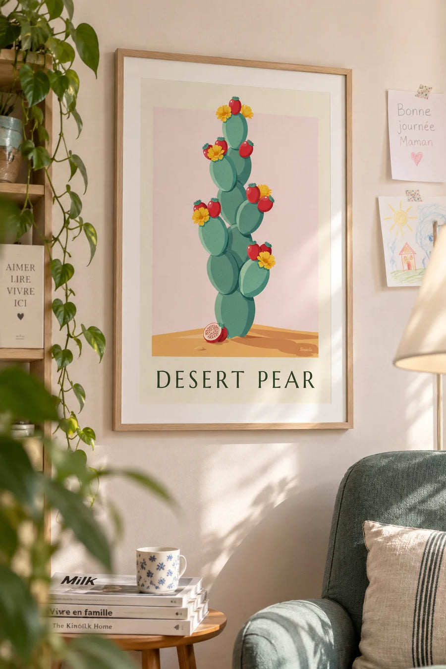 Poster tavola botanica del cactus opuntia, fiori e frutti: incorniciato alla parete