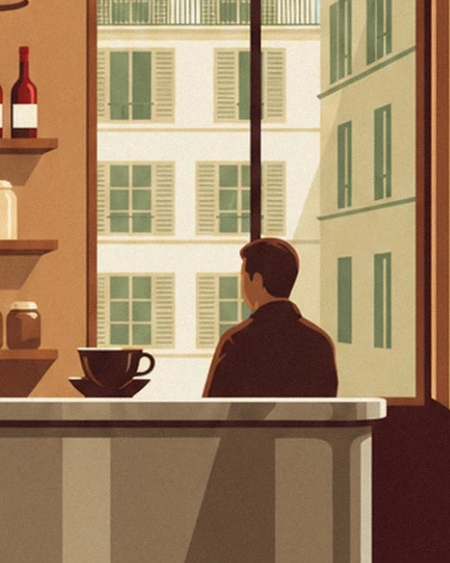Un homme de dos devant la fenêtre, sa tasse de café posée sur le comptoir en zinc