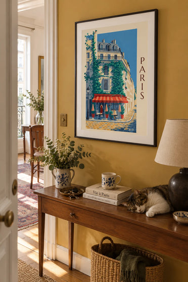 Poster of a Parisian bistro terrace under the ivy: framed on the wall