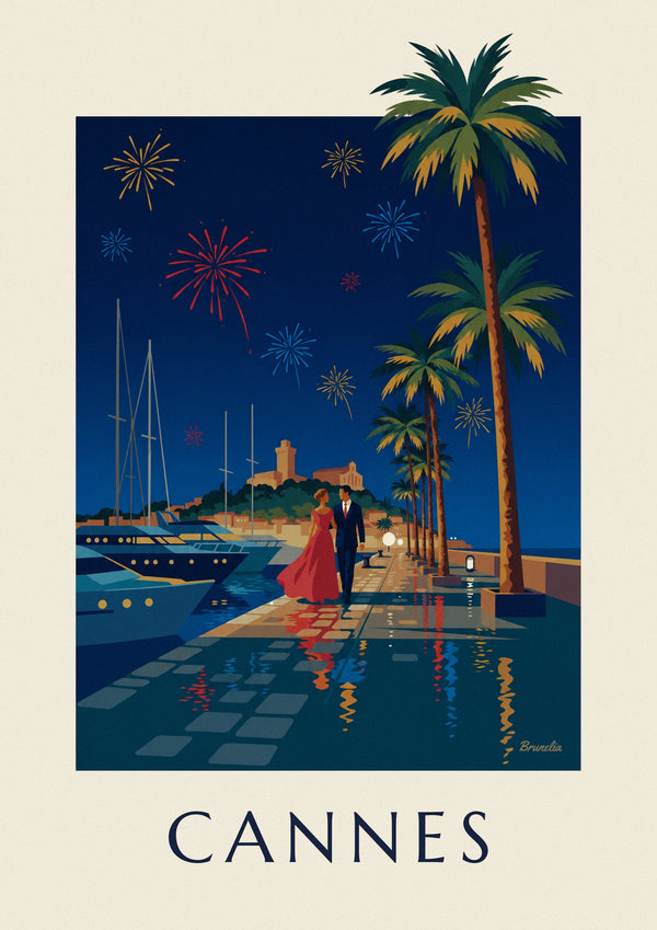 Poster coppia sotto le palme di Cannes in una sera di fuochi d'artificio