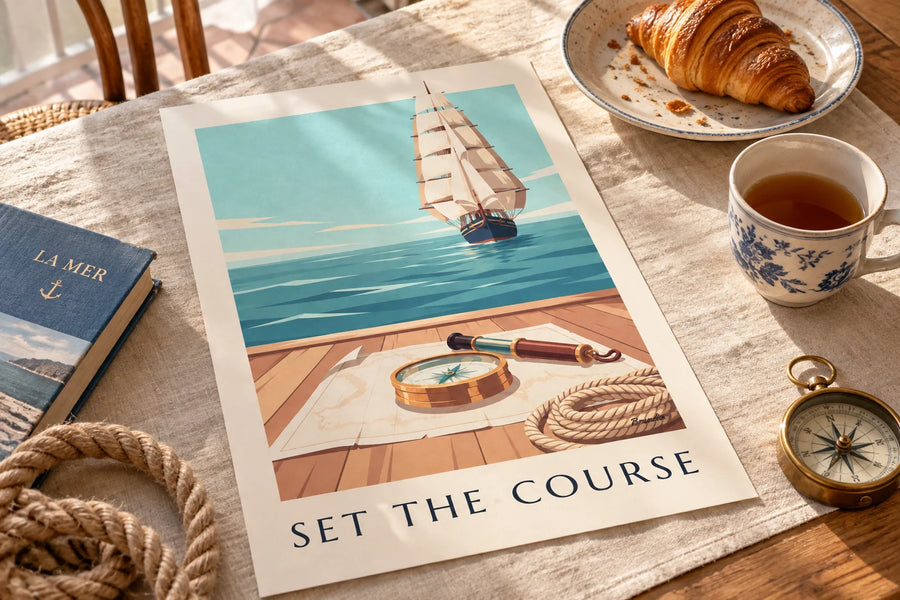Affiche compas nautique en laiton sur une carte marine : posée sur une table