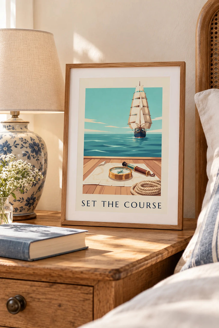 Affiche compas nautique en laiton sur une carte marine : petit format A4 encadré