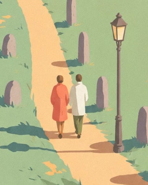 Un couple sur le chemin ocre, entre les pierres dressées et un réverbère