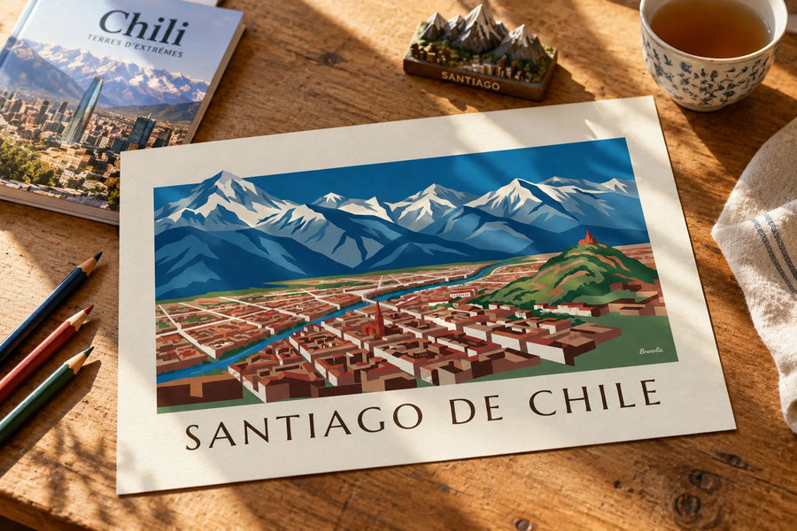 Poster mappa illustrata di Santiago del Cile e delle Ande: appoggiato su un tavolo