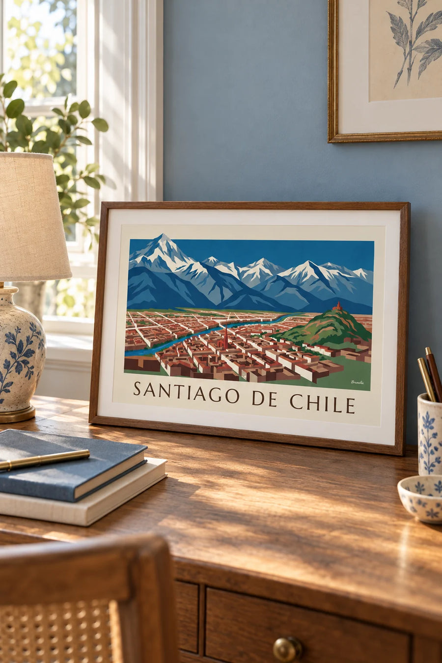 Poster con mappa illustrata di Santiago del Cile e delle Ande: formato piccolo A4 con cornice