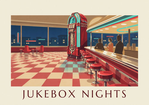 Poster di un jukebox illuminato in un diner americano: il poster intero
