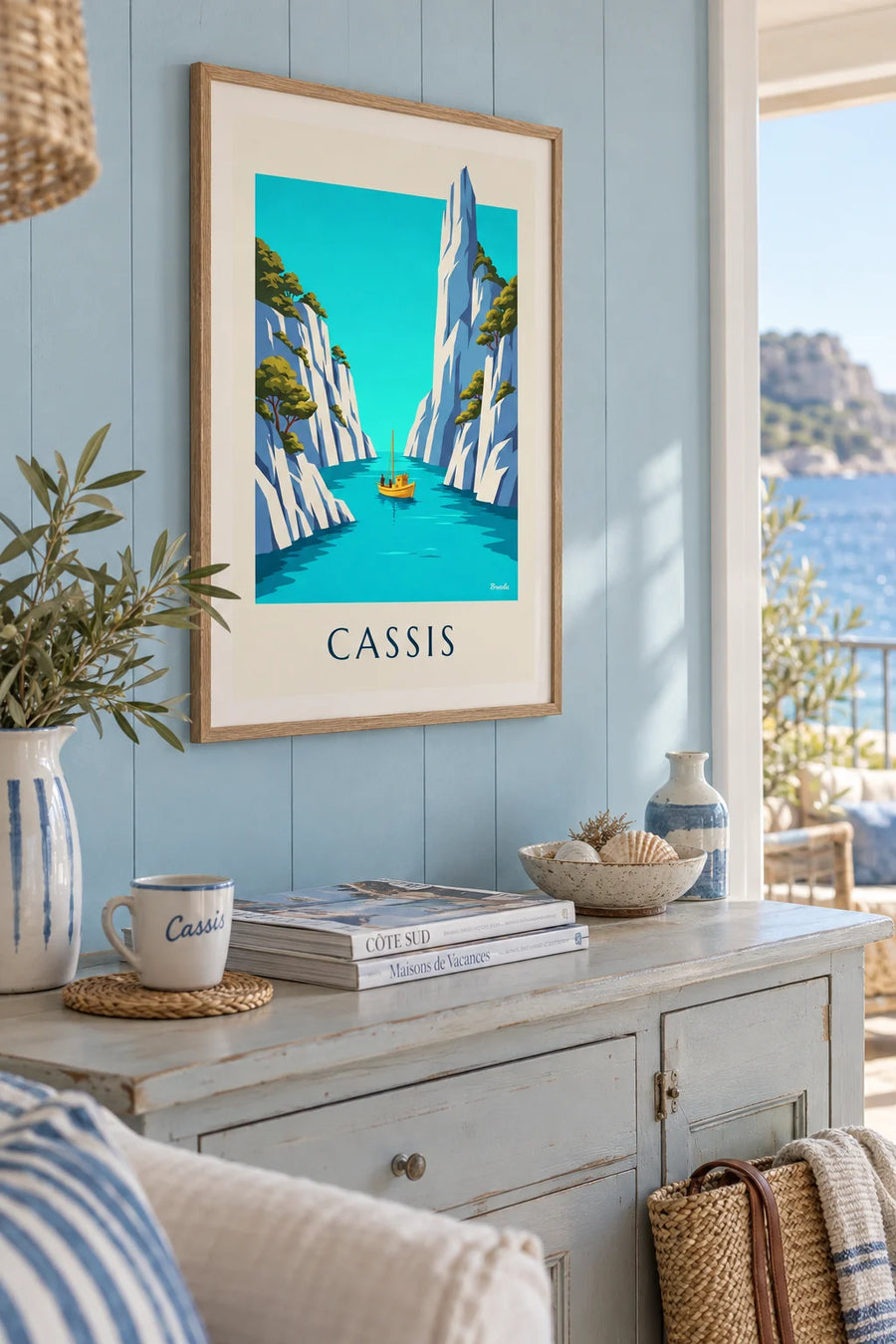 Poster of a yellow boat in a calanque at Cassis: framed on the wall