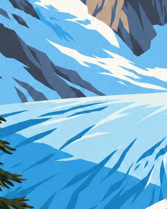A wide stretch of pale blue ice streaked with shadows, between rock faces and fir trees
