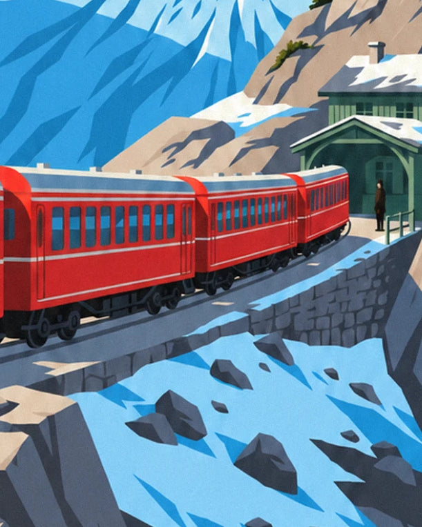 The train's 3 red carriages on the stone wall in front of the snowy green station