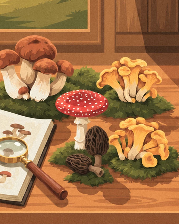 Porcini, finferli, un'amanita muscaria rossa e spugnole sul muschio, accanto al taccuino e alla lente d'ingrandimento