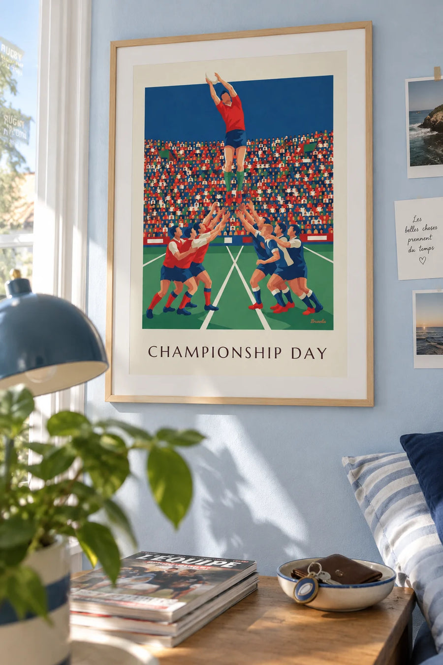 Poster giocatore di rugby che salta in rimessa laterale in uno stadio: incorniciato alla parete
