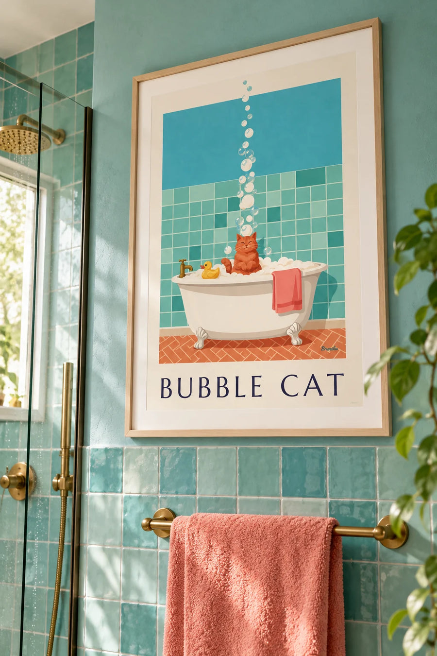 Affiche chat dans une baignoire pleine de mousse : encadrée au mur