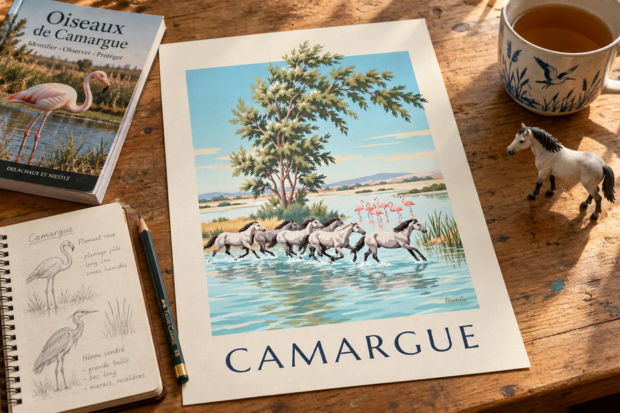 Poster cavalli della Camargue al galoppo nelle paludi: appoggiato su un tavolo