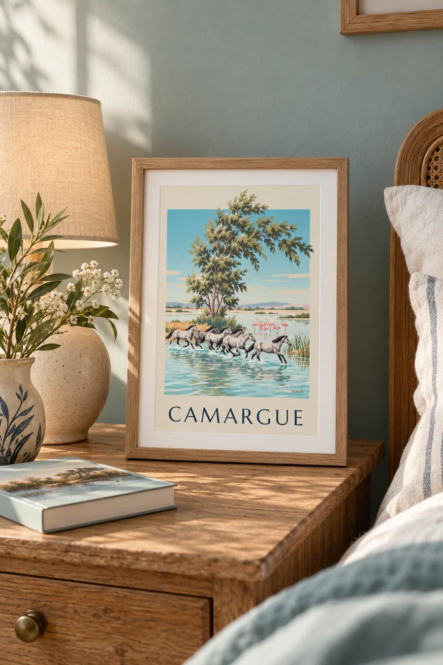Poster cavalli camarguesi al galoppo nelle paludi: formato piccolo A4 con cornice
