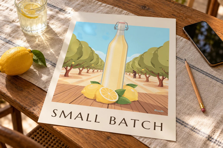 Poster bottiglia di limonata artigianale e limoni: appoggiato su un tavolo
