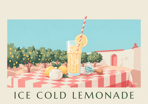 Poster bicchiere di limonata ghiacciata sulla terrazza di un paese: il poster intero