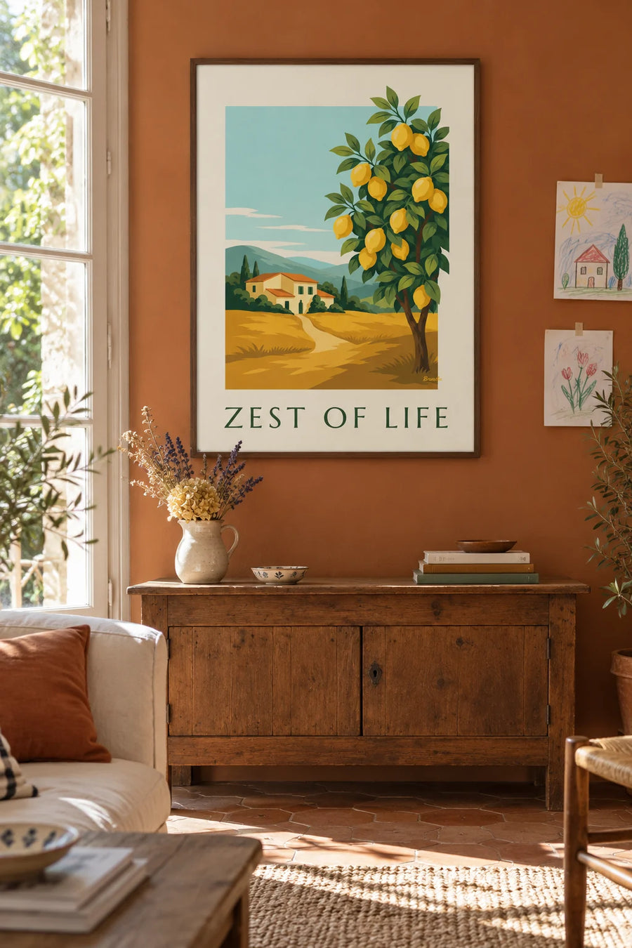 Affiche citrons mûrs et feuillage vert sur la branche : encadrée au mur