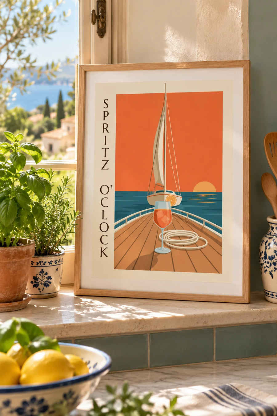 Poster spritz sul ponte di una barca a vela al tramonto: formato piccolo A4 con cornice