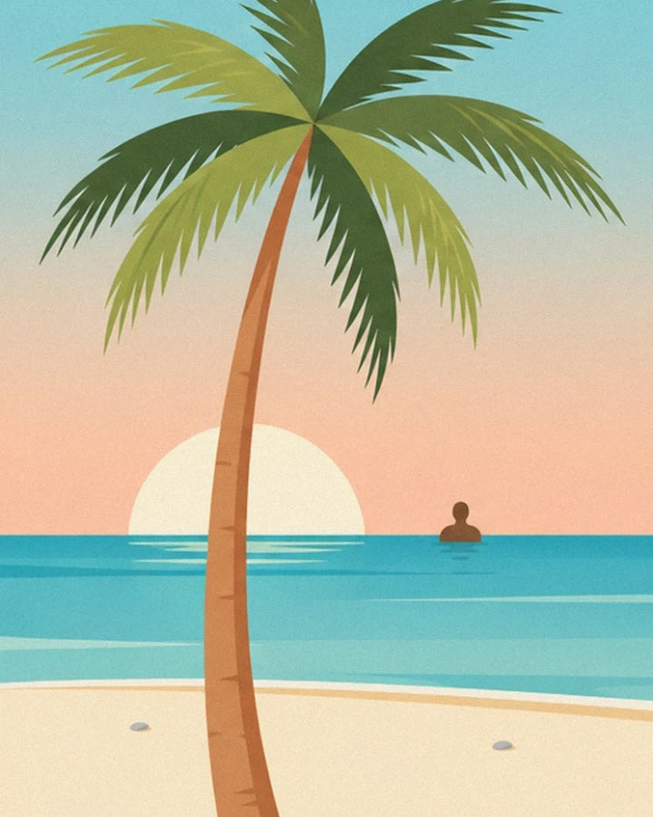 Un palmier sur le sable, face au soleil couchant et à un baigneur dans la mer turquoise