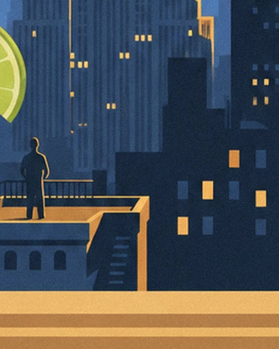 A man's silhouette on the roof terrace, facing midnight-blue skyscrapers with glowing windows