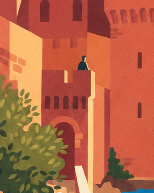 A man in a dark jacket leaning on the castle's red brick rampart, near a tree
