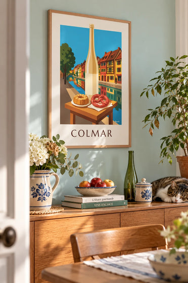 Affiche maisons à colombages de Colmar, kougelhopf et vin d'Alsace : encadrée au mur