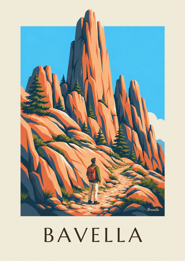 Hiker facing the Bavella needles in Corsica poster