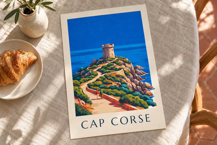 Affiche tour génoise sur la côte du cap Corse : posée sur une table