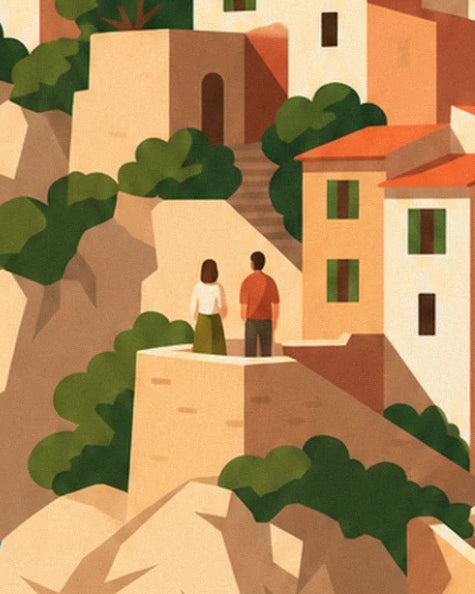 Un couple de dos sur la terrasse de pierre, face aux maisons et à l'escalier
