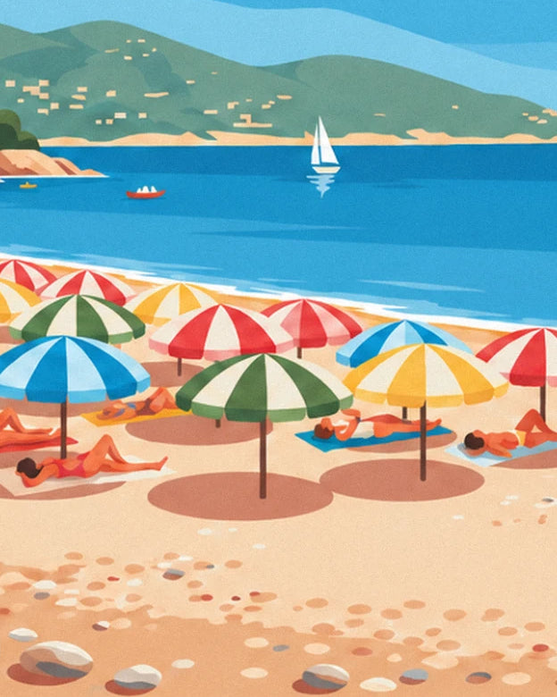 Ombrelloni a righe rosse, verdi, blu e gialle, con persone sdraiate al sole sulla sabbia