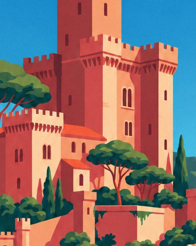 Le torri merlate del Château de la Napoule tra pini e cipressi