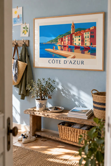 Poster of colorful facades and boats in a French Riviera harbor: framed on the wall