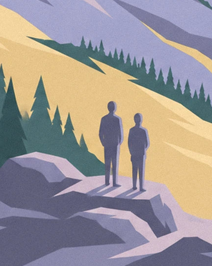 Les 2 randonneurs sur un promontoire mauve face aux versants dorés bordés de sapins