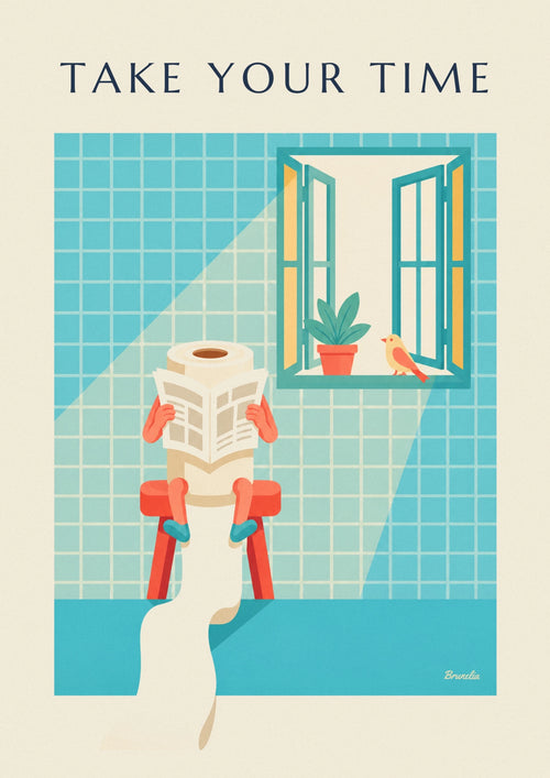 Affiche personnage papier toilette en pleine lecture : l'affiche entière