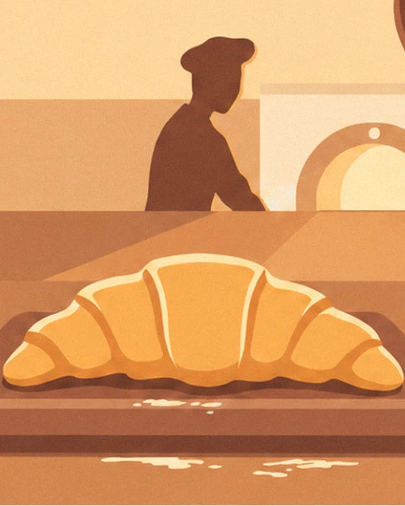 Le croissant doré sur sa plaque, avec le pâtissier en toque devant le four