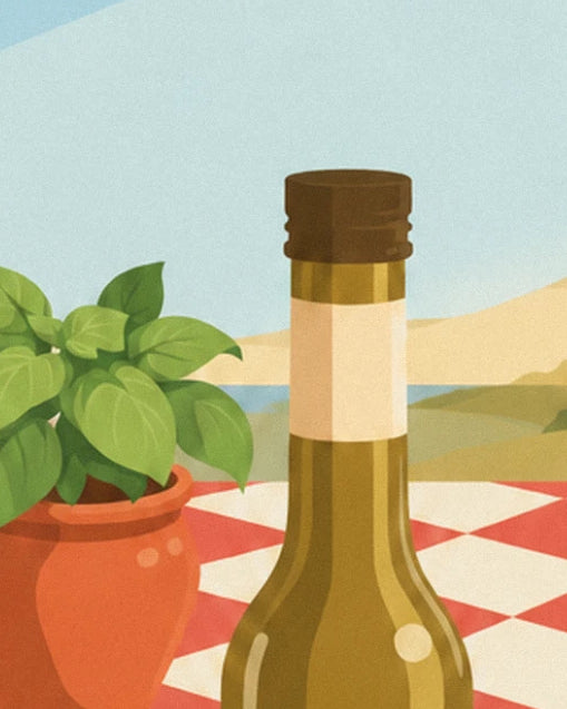 Una bottiglia di olio d'oliva e un vaso di terracotta con il basilico, sulla tovaglia a quadri rossa