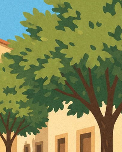 The trees with dense foliage in front of a yellow façade with ochre window surrounds