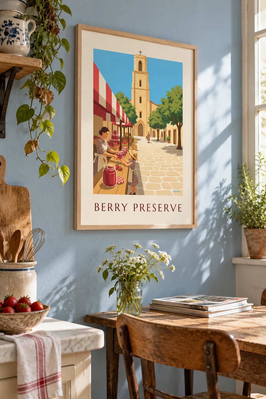 Poster of a jar of strawberry jam on a village fair stall: framed on the wall