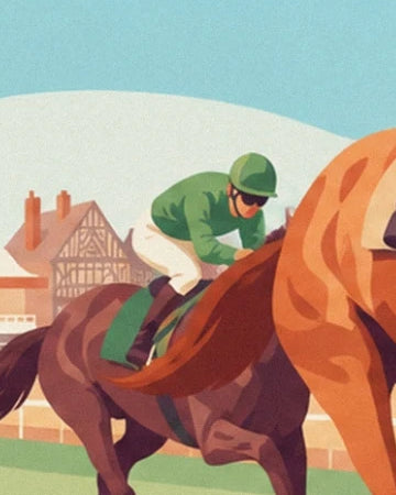 Il fantino in verde su un cavallo al galoppo, davanti alle case a graticcio